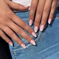 Bxoxo 24P French Oval False Nails Girls White Edge Design Nude Color Wearable Press on Nail Full Cover Short Acrylic Almond Fake Nails