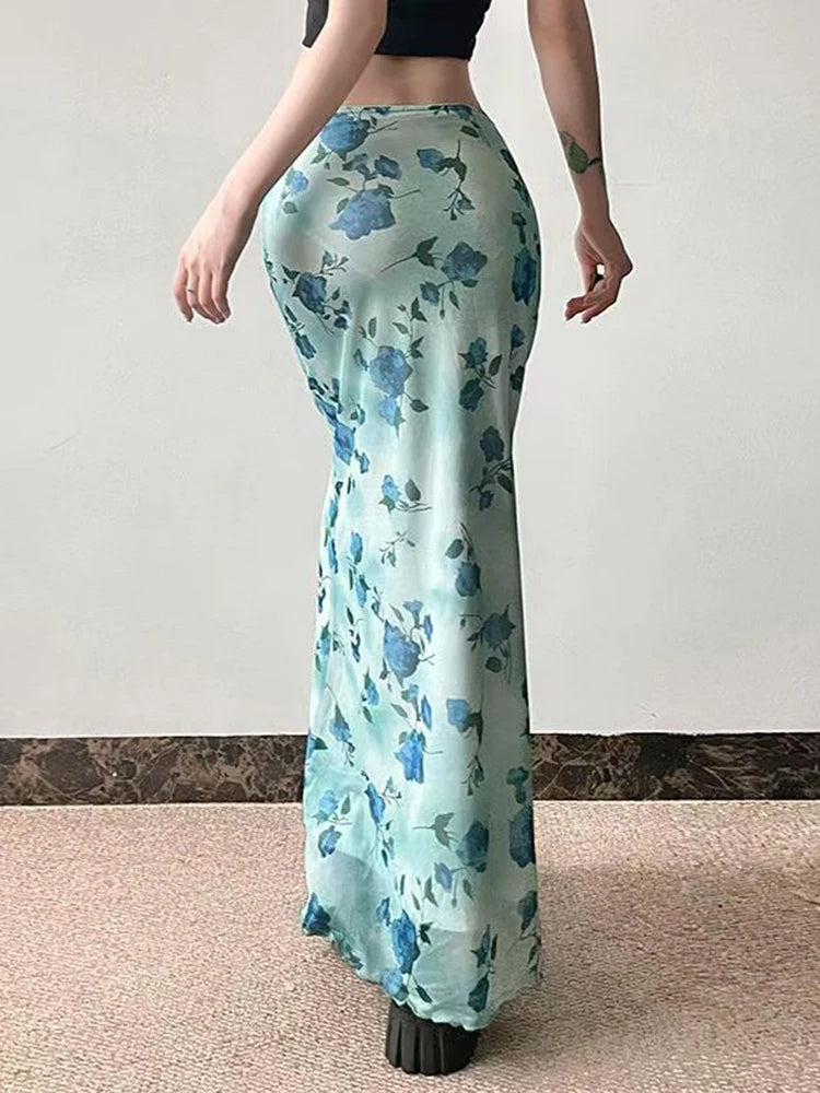 Bxoxo Vintage Mesh Floral Long Skirt Women Elegant Low Waist Slim Sexy Skirts Retro American Streetwear Casual Elastic Long Skirt