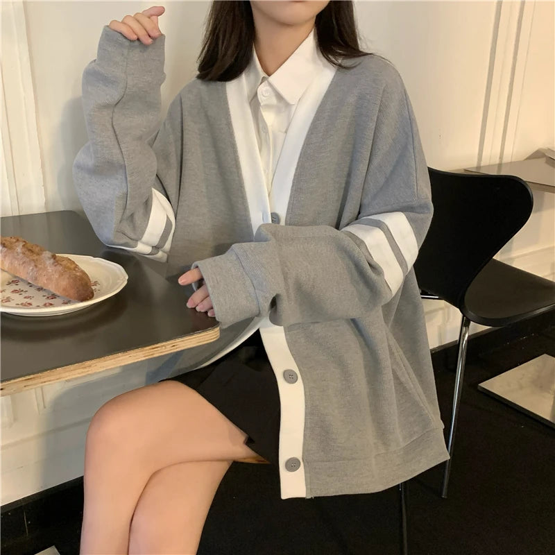 Bxoxo Varsity Cardigan Sweater for Women Long Sleeve V-Neck Button-up Knit Slouchy Cardi Korean School-girl Preppy Fall Winter Outfit