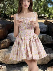 Bxoxo Women's Elegant Dresses French Print Summer New 2025 Casual Slim Waist A-Line Square-Collar Pleated Spaghetti Strap Vestidos