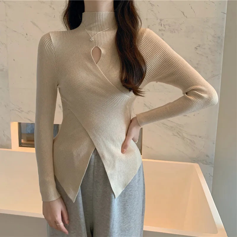 BXOXO Women Sexy Hollow Out Half Turtleneck Knitted Bottoming Jumper Slimming Niche Hem Slit Sweater Pullover Solid