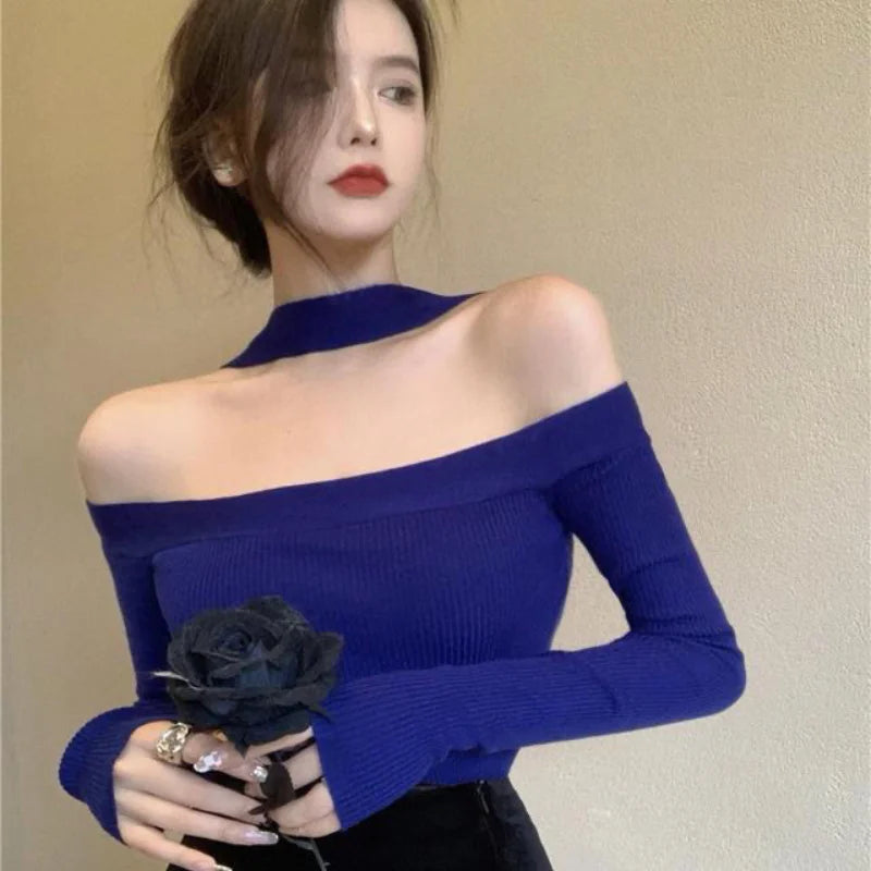 Bxoxo Vintage Knitting Short Tops Tees Spring Autumn New Long Sleeve Slash Neck Solid Slim Bottoming Shirt Sexy Fashion Women Clothing