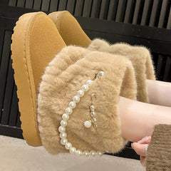 BXOXO Winter New String Bead Plush Women's Boots Warm Stylish Thick Platform Slip On Boots Faux Fur Plus Size 43 Ankle Botas Shoes