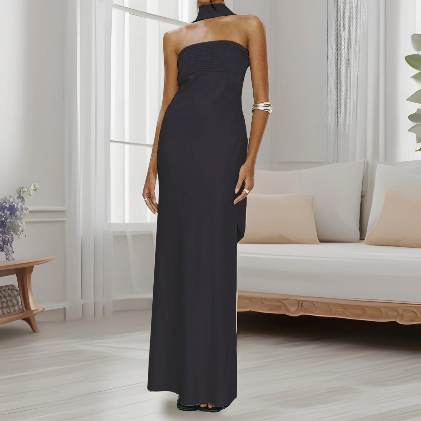 BXOXO Women Summer Long Bandeau Dress Sleeveless Off Shoulder Solid Color Tube Top Dress with Scarf Formal Cocktail Sundress