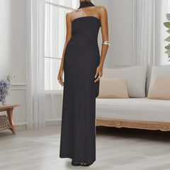 BXOXO Women Summer Long Bandeau Dress Sleeveless Off Shoulder Solid Color Tube Top Dress with Scarf Formal Cocktail Sundress
