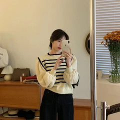 Bxoxo women Black and white striped fake two-piece knitted sweaters pring and autumn Korean soft glutinous pullover sweater female