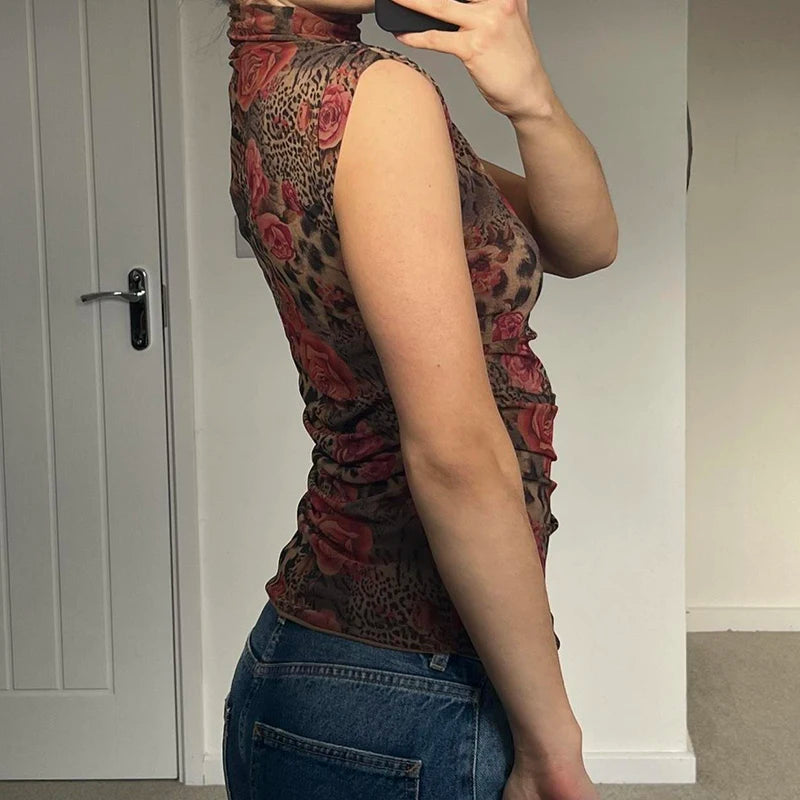 BXOXO Vintage Floral Print Crop Top Women Retro Sleeveless Turtleneck Skinny Tank Tops Harajuku y2k Tee Summer Casual Lady Vest
