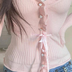 Bxoxo Fairycore Clothing Top y2k Women Ruffle Lace Patchwork Long Sleeve Knitted T Shirt 2000s Coquette Clothes Streetwear
