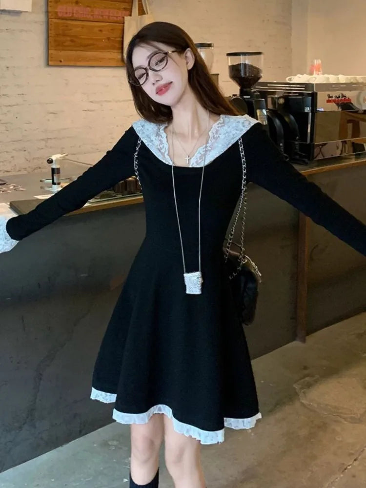 Bxoxo Women's French Lace Patchwork Y2K Dress Hooded Long Sleeves Slim Waist A-Line Short Skirt 2025 New Spring Summer Chic Vestidos