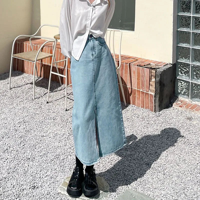 Bxoxo Vintage High Waist Women Denim Midi Skirt Summer Korean Thin Section Slit A Line Skirts Fashion Casual All Match Denim Skirts