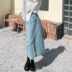 Bxoxo Vintage High Waist Women Denim Midi Skirt Summer Korean Thin Section Slit A Line Skirts Fashion Casual All Match Denim Skirts