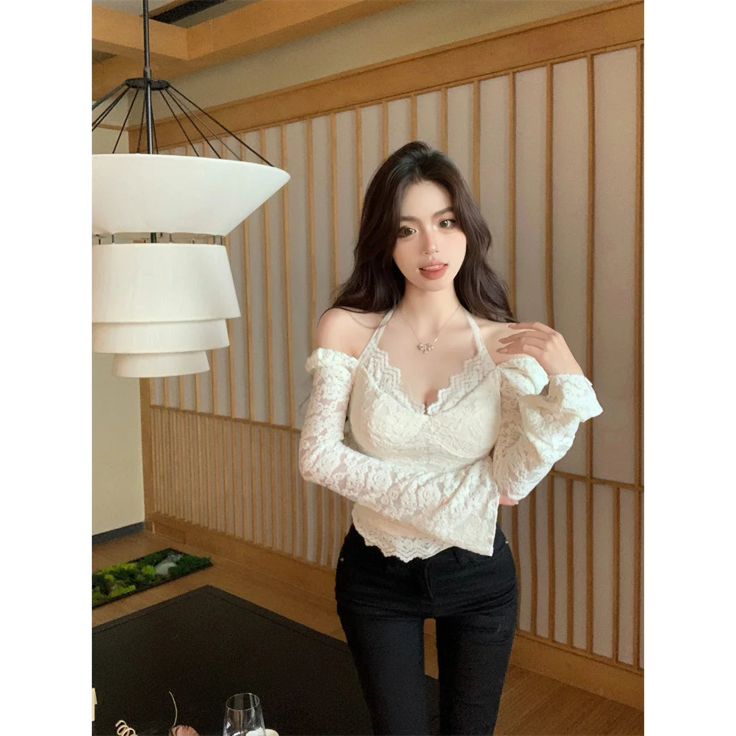 BXOXO French Lace Women Base Shirt Spring Summer New Bell Sleeve Halter Neck Tops Y2K Sexy Hollow Out Off Shoulder Female Tees