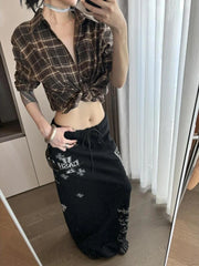Bxoxo Black Gothic Long Skirt Women Japanese Style Harajuku Y2k Print Skirts Vintage 2000s Streetwear A-line Skirts Aesthetic