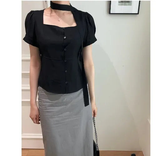 Bxoxo Summer ort Sve irt Single Button Square Collar Tie Design Casual Sle Pure Color Polyester Fiber 00%