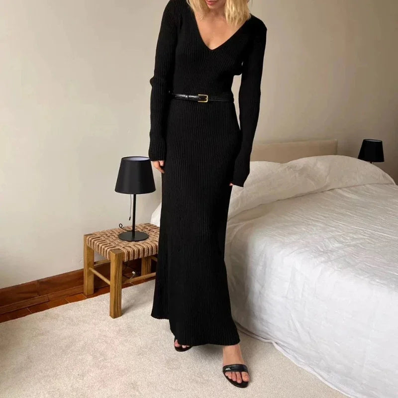 Bxoxo Sexy V-neck Elegant Knitted Dress Women Vintage Coquette Long Dress Autumn Winter Retro A-line Party Dresses Slim Up