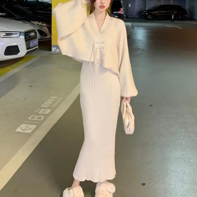 Bxoxo  Winter Elegant 2 Piece Sweater Dresses Set Women Loose Warm Knitted Bodycon Suit Female Casual Korean Fashion Chic Streetwear