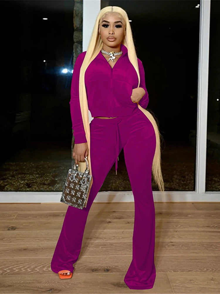 BXOXO Solid Velour Two Piece Set Women Simple Casual Zipper Long Sleeve Turtleneck Top+Bandage Lace Slim Female Wide Leg Pants
