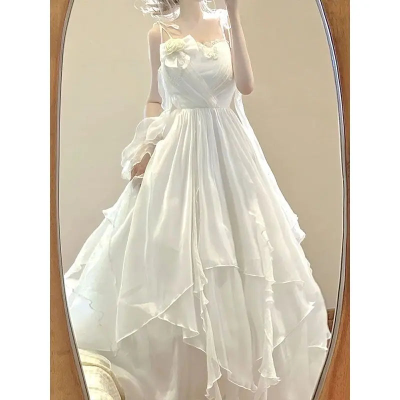 Bxoxo Summer Fairy White Dress Women Slim Fit Maxi, French Ruffle Long Dress Beach Elegant Goddess Style Outfit