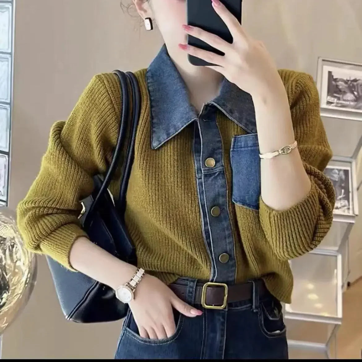 Bxoxo Small Spring Autumn Outerwears Female Jeans Coat Short Black Patchwork Crop Women's Denim Jackets Knitted 2024 New Collection In