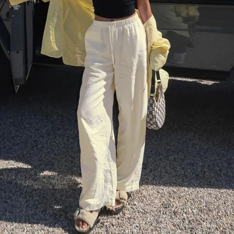 Bxoxo Cotton Linen White Pants Basic Drawstring Low Waist Wide Leg Pants Casual Y2K Clothes For Summer Trousers