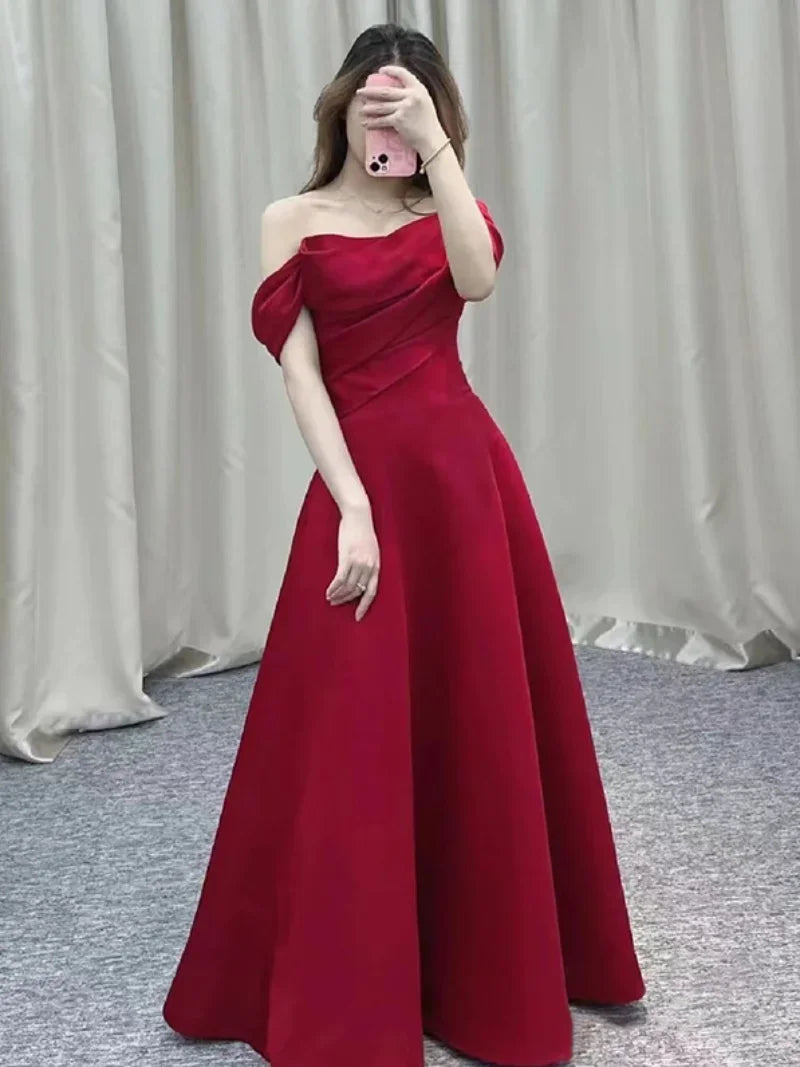 BXOXO prom dresses 2025 Customized Red Satin Wedding Dress Women Boat Neck Off The Shoulder Pleated Evening Dresses Elegant Simple Sleeveless A-Line