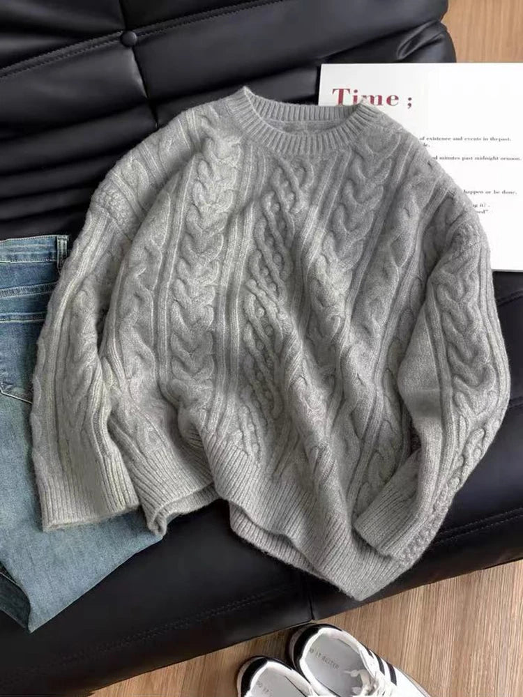 Bxoxo Autumn Knitted Sweaters for Women Korean Loose Lazy Style Casual Pullover Y2K Fashion All Match Thick Warm Soft O Neck Jumper