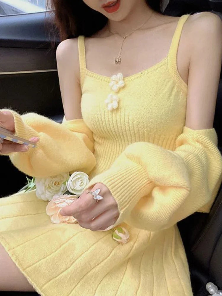 Bxoxo  Korean Autumn Winter Sweet Knitted Two Piece Dress Set Women Strap +Casual Coat Dress Set Style Solid Dress Suit