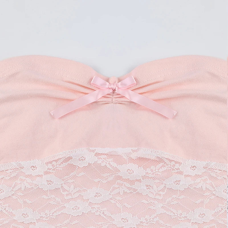 BXOXO Sweet Lace Stitched Crop Top y2k Cute Pink Strapless Bow Patchwork Tube Tops for Women Casual Kawaii Fairycore Mini Vest