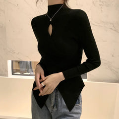 BXOXO Women Sexy Hollow Out Half Turtleneck Knitted Bottoming Jumper Slimming Niche Hem Slit Sweater Pullover Solid