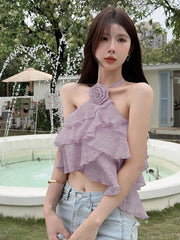 BXOXO 3D Floral Sweet Halter Tanks Women Elegant Fashion Sexy Cropped Camis Tanks Summer Chic Female Backless All Match Top Tanks
