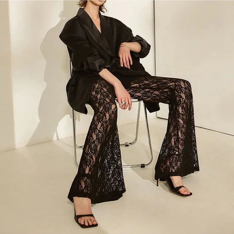 Bxoxo Stacked Lace Pants Women Solid Sexy See Through High Waist Slim Trouser Simple Solid Trend Female Stunning Chic Bottoms