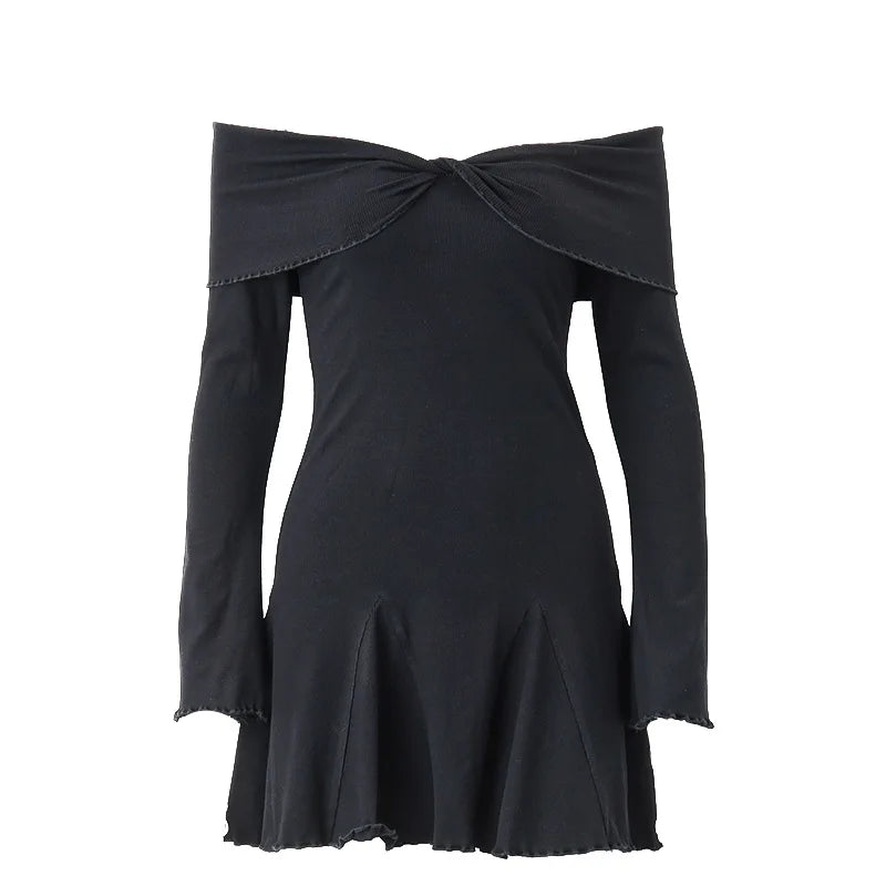 BXOXO Autumn Black A-LINE Dress Women Streetwear Sexy Strapless Off Shoulder Long Sleeves Knitting Mini Dresses Club Elegant Partywear
