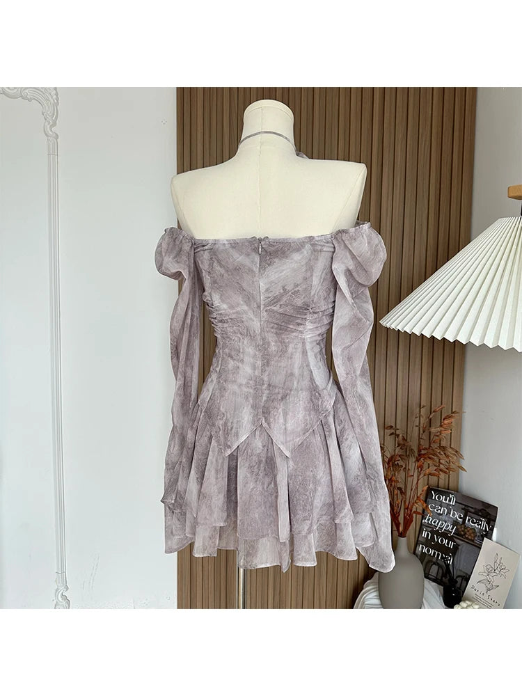 Bxoxo Women A-line Luxury Dress Elegant Long Sleeve Mini Evening Dress Harajuku Vintage 90s Y2k One Piece Frocks 2000s Clothes Autumn
