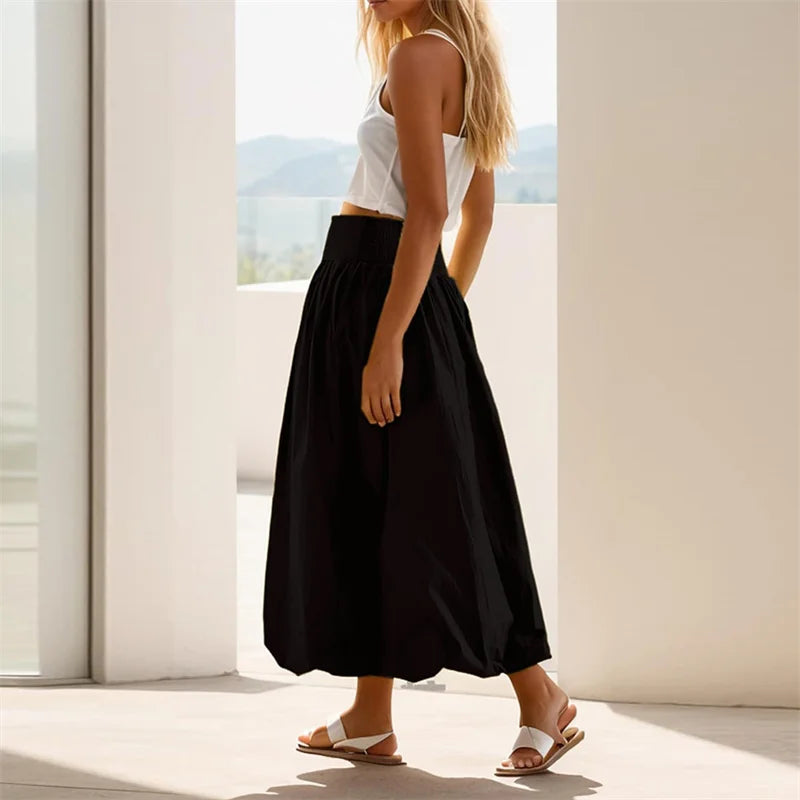 Bxoxo Skirts y2k Women Summer Elegant Solid Color High Waist Loose Fitting Long Bubble Skirt Office Ladies Skirts Streetwear