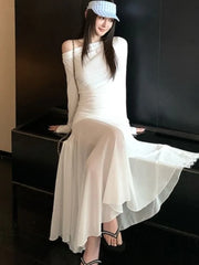 Bxoxo Sexy Vintage Elastic Women's Party Dresses 2025 Spring Summer Long Sleeve Chic Irregular Slim Waist Slash-Neck Dress Prom Robe