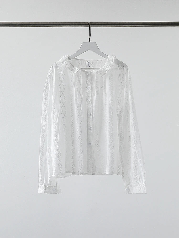 Bxoxo Flower Embroidery Blouses Lace Trim O-Neck Long Sleeve Blouse Spring Vintage Female Elegant Casual French Shirts Women Clothes