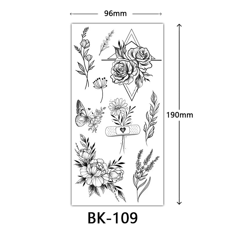 BXOXO Black Large Flower False Tattoo Sticker For Women Rose Peony Temporary DIY Water Transfer Tattoos Girls Hand back Body Art