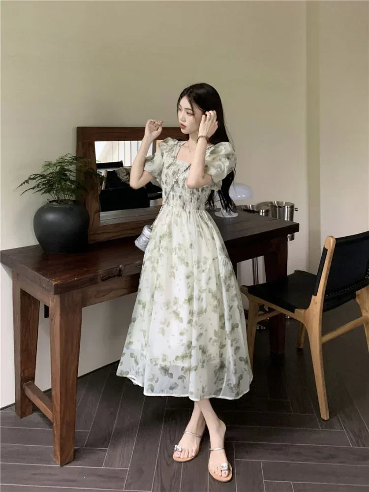 BXOXO Korean Style Mixi Cottagecore Dress Women Fairycore Floral Prom Gown Y2k Elegant Puff Sleeve Tunic Graduation Dresses