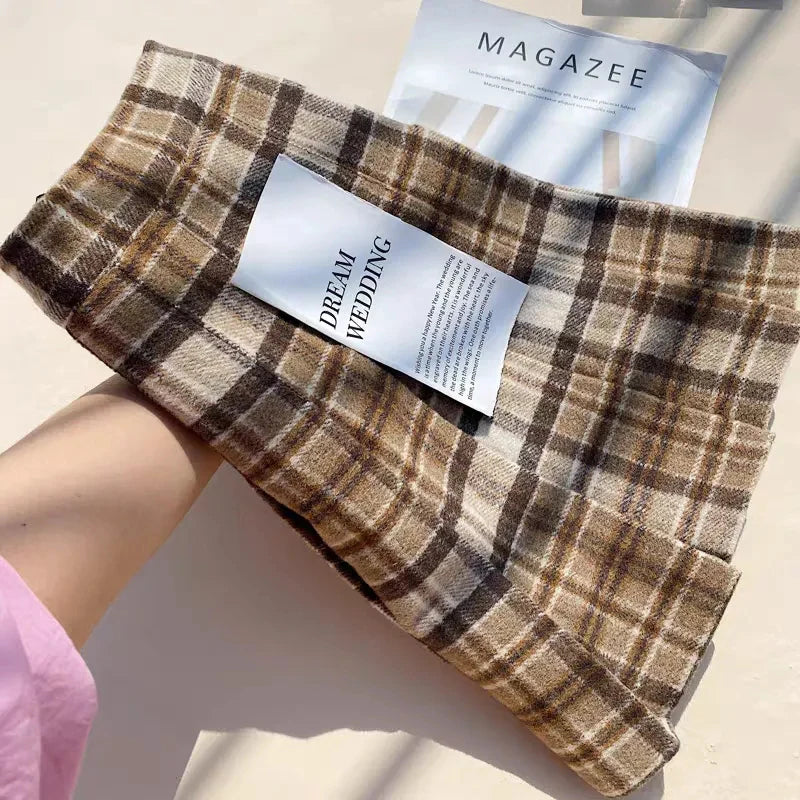 Bxoxo Plaid Woolen Pleated Skirts for Women Fall Winter High Waist Preppy Warm Mini Skirts Lady Fashion Korean All-Match A Line Skirts