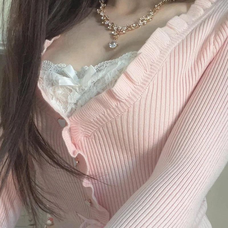 Bxoxo Fairycore Clothing Top y2k Women Ruffle Lace Patchwork Long Sleeve Knitted T Shirt 2000s Coquette Clothes Streetwear