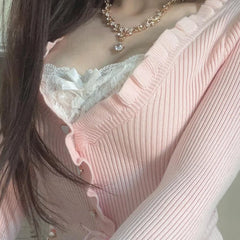 Bxoxo Fairycore Clothing Top y2k Women Ruffle Lace Patchwork Long Sleeve Knitted T Shirt 2000s Coquette Clothes Streetwear