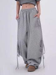 Bxoxo Streetwear Gray Sweatpants Women Low Waist Loose Harajuku Pockets Pants American Casual Hip Hop Lace Up Oversize Bf Trousers New