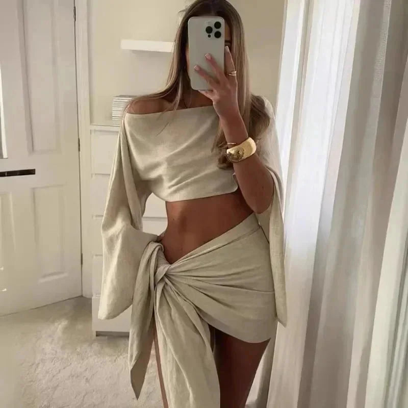 BXOXO Women Fashion Solid 2 Piece Set Summer Sexy Diagonal Neck Pagoda Sleeve Short Top Lace Up Skirt Set Casual Beach Vacation Outfit