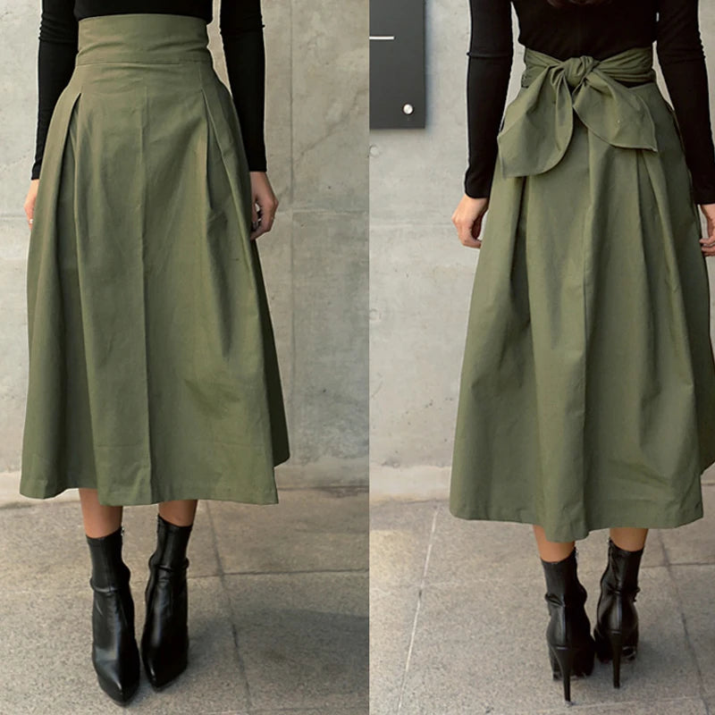 Bxoxo Skirts Womens Korean Fashion Solid Color Big Swing Ladies Skirt Long Skirt Autumn Wild High Waist Bow Slim Skirts