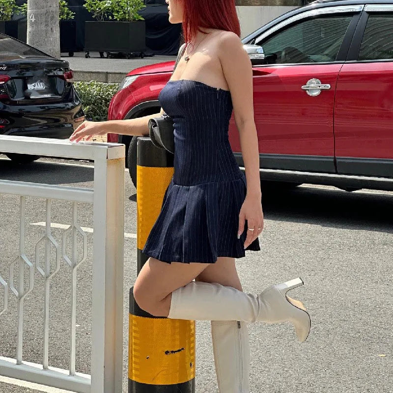 Bxoxo Fashion Stripe Slash Neck Dress Women Y2K Sleeveless Slim Splicing Pleated Dress Sexy Chest Wrap Off Shoulder Mini Vestidos New