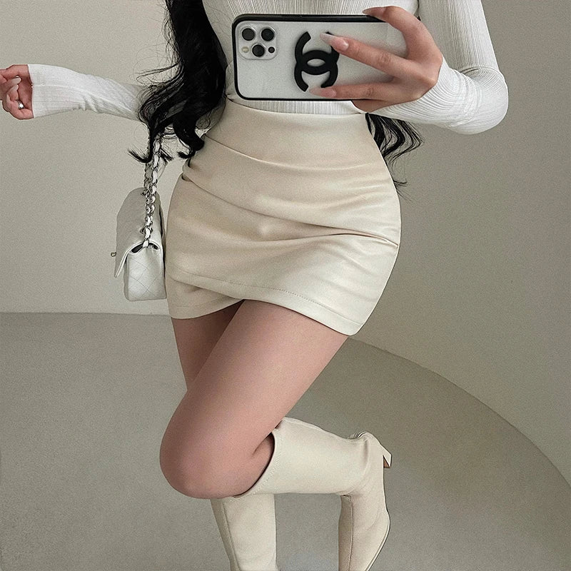 BXOXO Spicy Girl Sexy High Waist Slim A-LINE Wrinkle Wrapped Hip PU Leather Skirt Short Skirt Sweet Korean Women