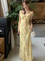 Bxoxo French Women's Elegant Floral Printed Dress V-Neck Slim Fit Flying Sleeve Long Dresses Vacation Holiday Sexy Travel New Vestidos