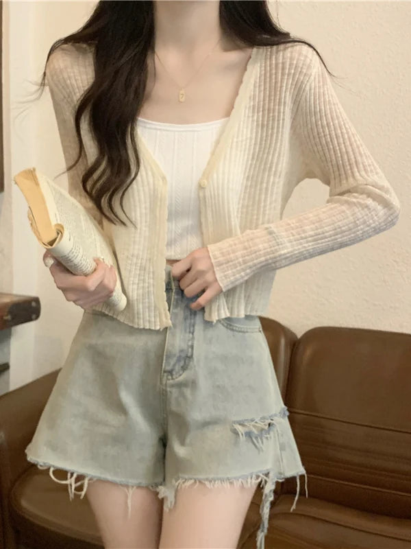 Bxoxo Sun Protection Light Weight Knitted Ice Silk Long Sve Cardigan Women's Slim Fit Summer New Sle Breathable Outerwear T-irt