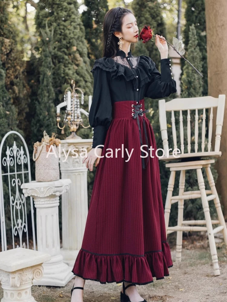 BXOXO Vintage Gothic Two Piece Dress Sets Women Black Lace Ruffle Blouse + Lace-up Midi Skirt Winter Court Retro Casual Suits Y2k