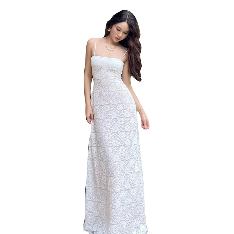 BXOXO Elegant See Through Dress Women Backless Sleeveless Cross Lace-Up Spaghetti Strap Sexy Flower Motif Midnight Vestidos